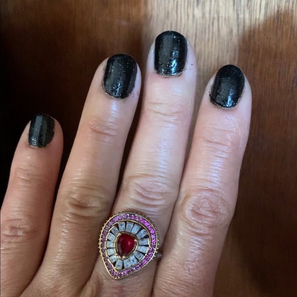 Teardrop Ruby Topaz & Crystal Baguettes Oval Cocktail Accent Ring Size 8 - Picture 11 of 11